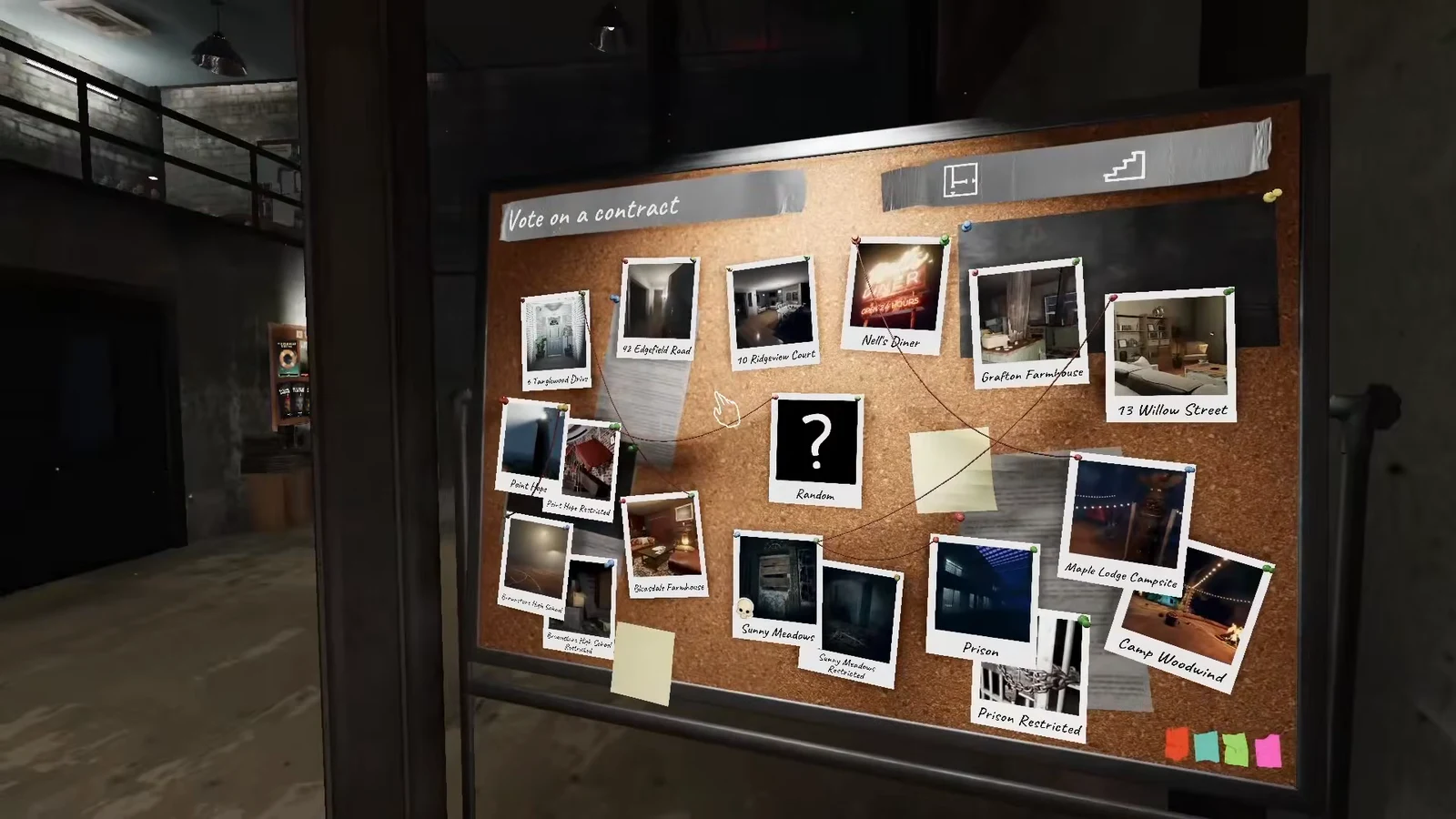 Contract voting board in the lobby with the cursor over the map selection cards