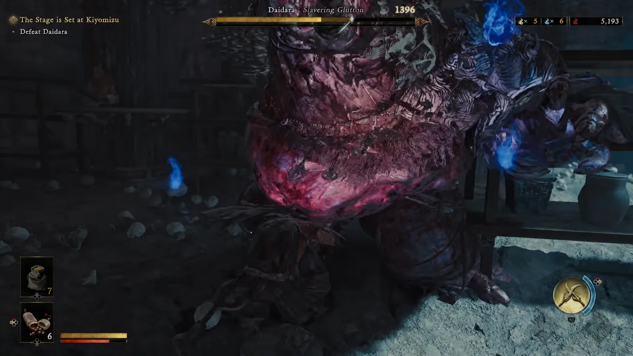Musashi unleashes an Oni Armament attack against Daidara after absorbing blue souls