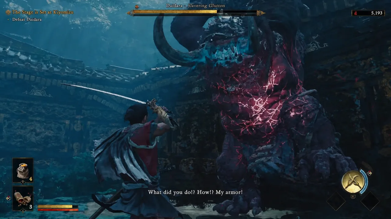 Musashi strikes Daidara as the Slavering Glutton boss health bar sits at the top of the screen