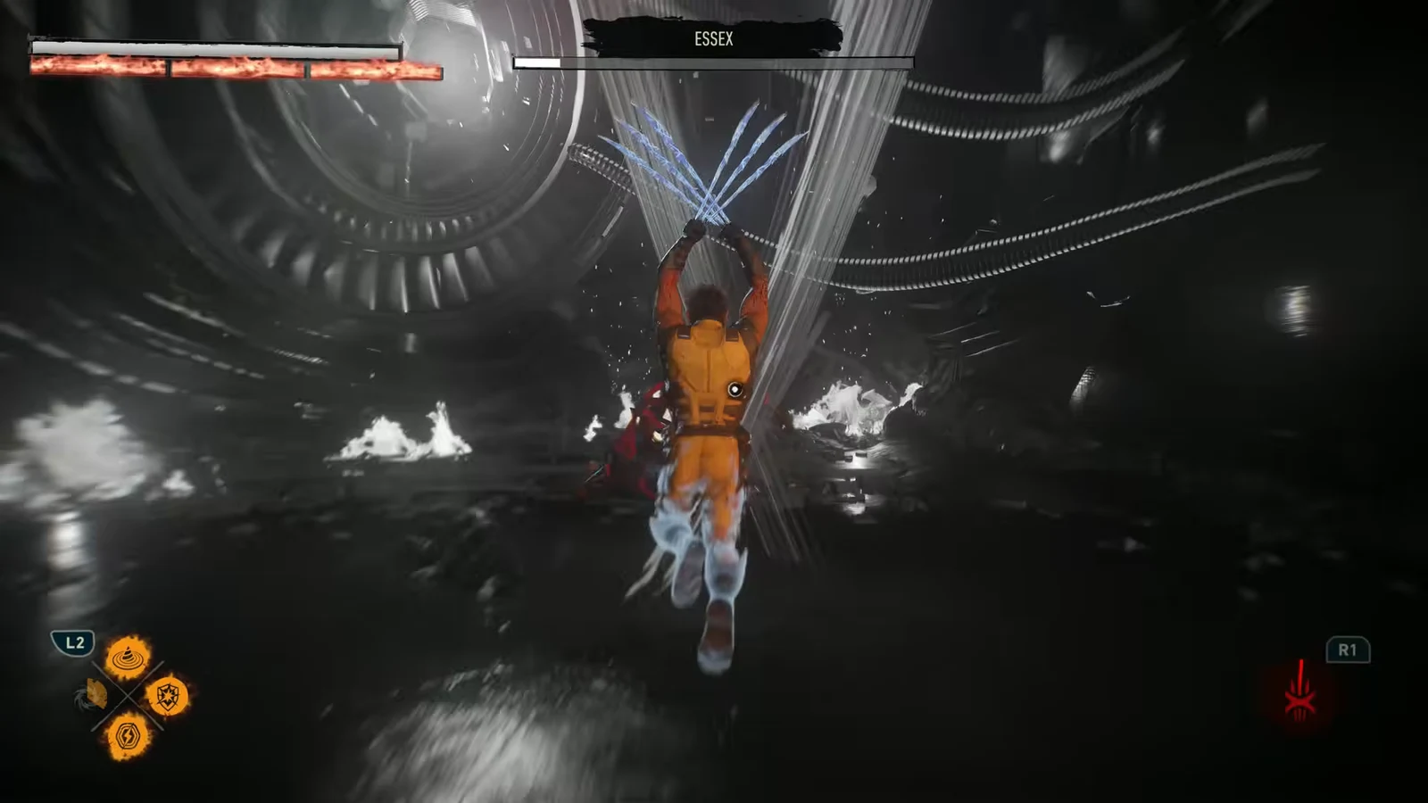 Wolverine lunging across the arena toward Essex with the boss health bar on screen