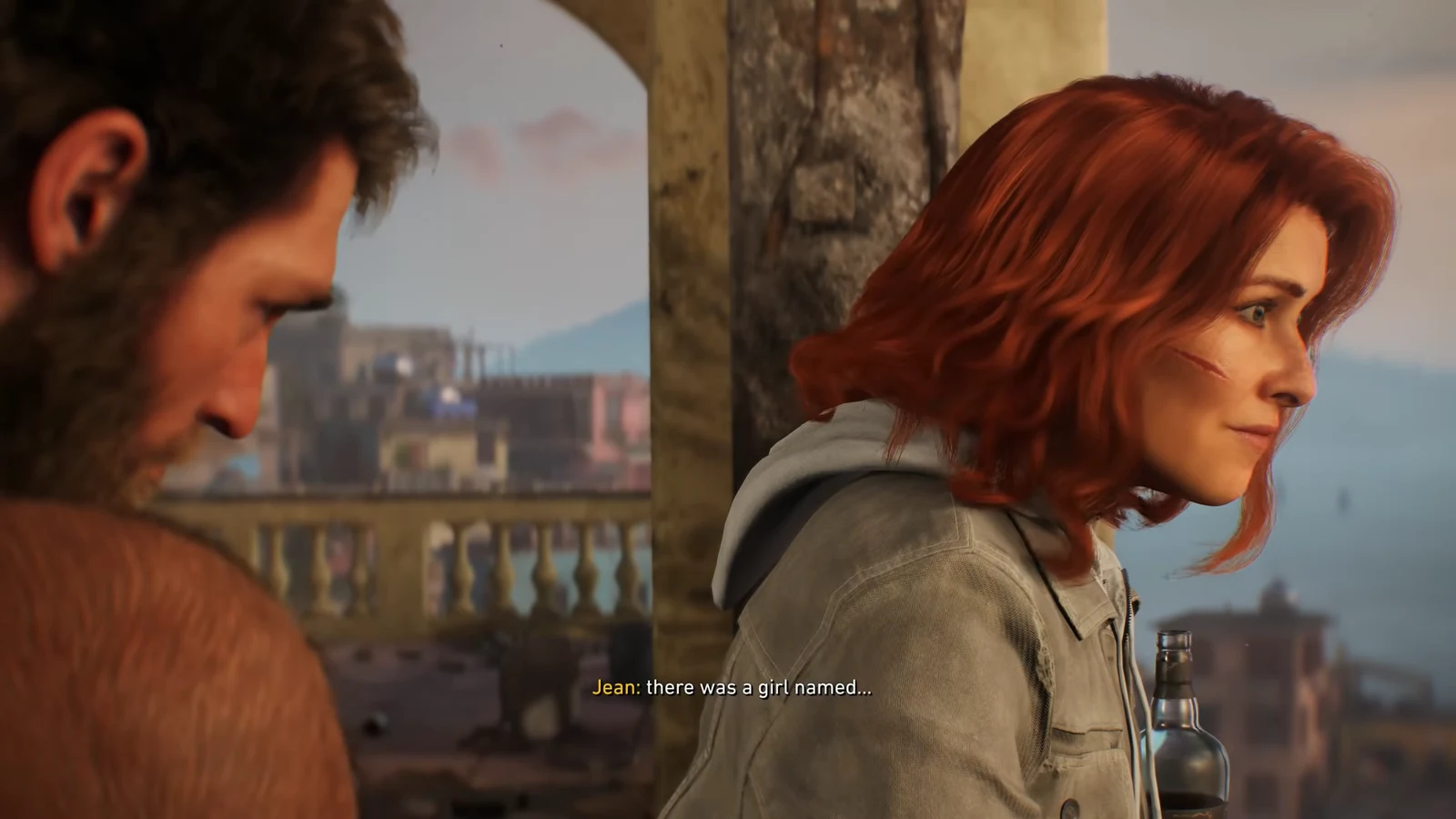 Jean speaking with a red-haired woman as the subtitle reads there was a girl named