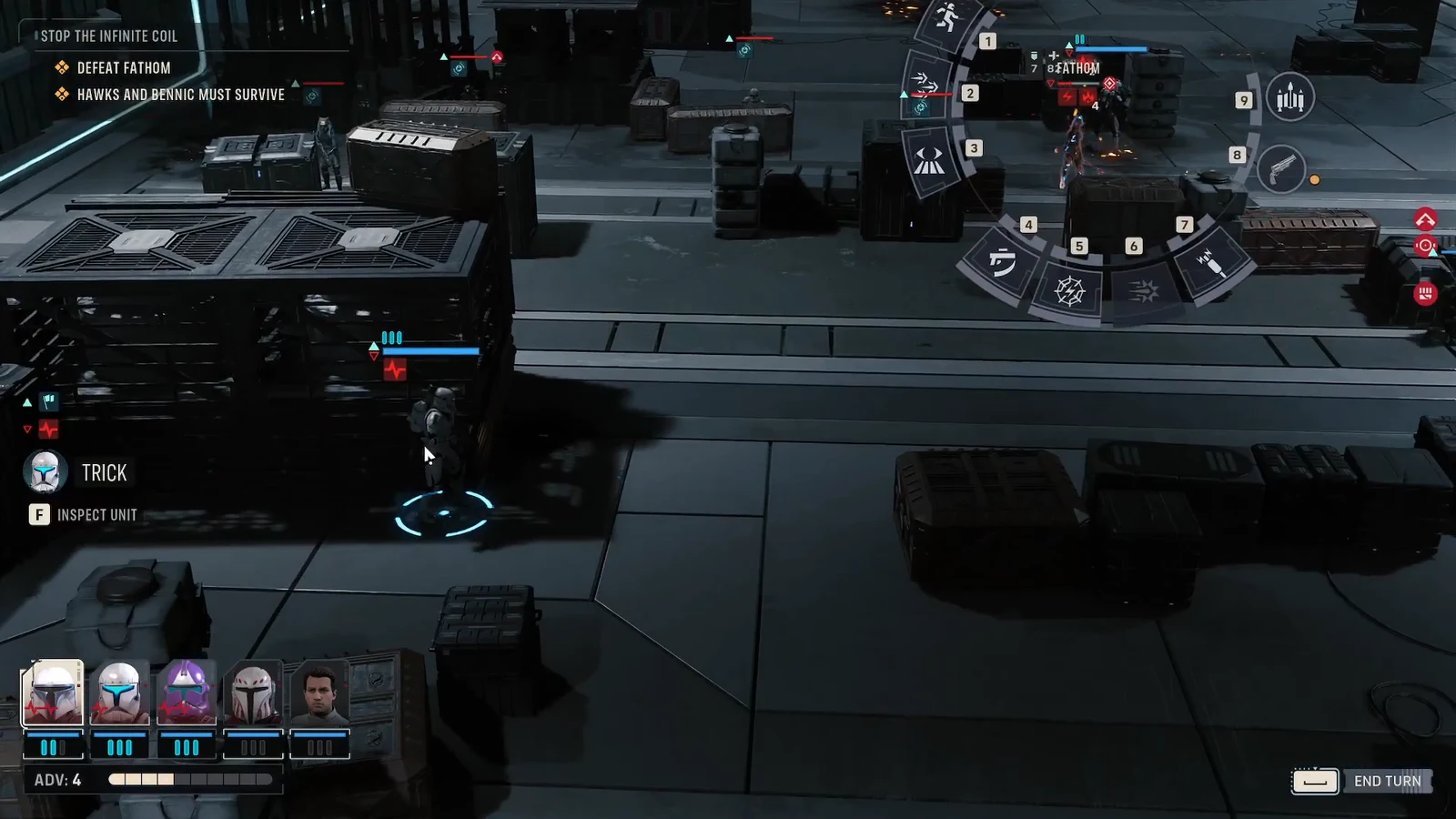 Radial ability wheel open for Trick during turn-based combat while choosing his next action