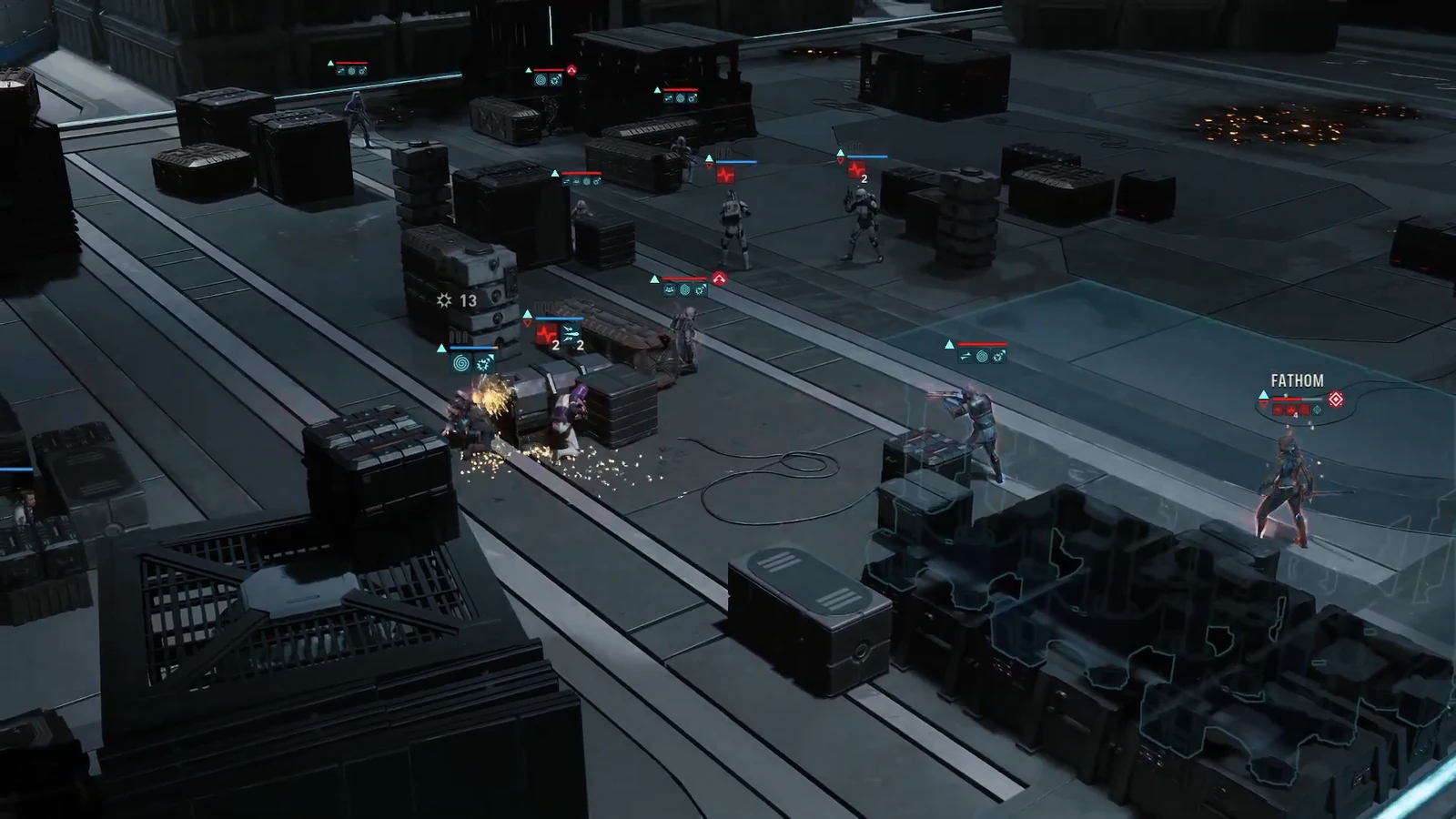 Tactical combat view with Fathom highlighted on the right side of the arena behind cover