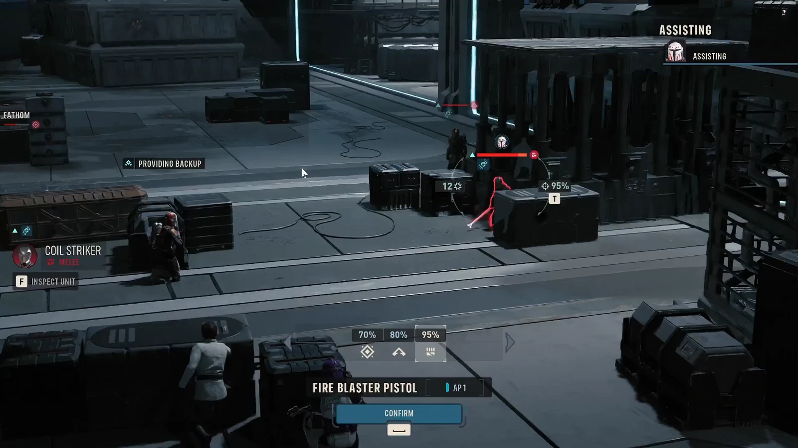Blaster pistol shot lined up on the boss with a 95 percent hit chance and Confirm prompt showing