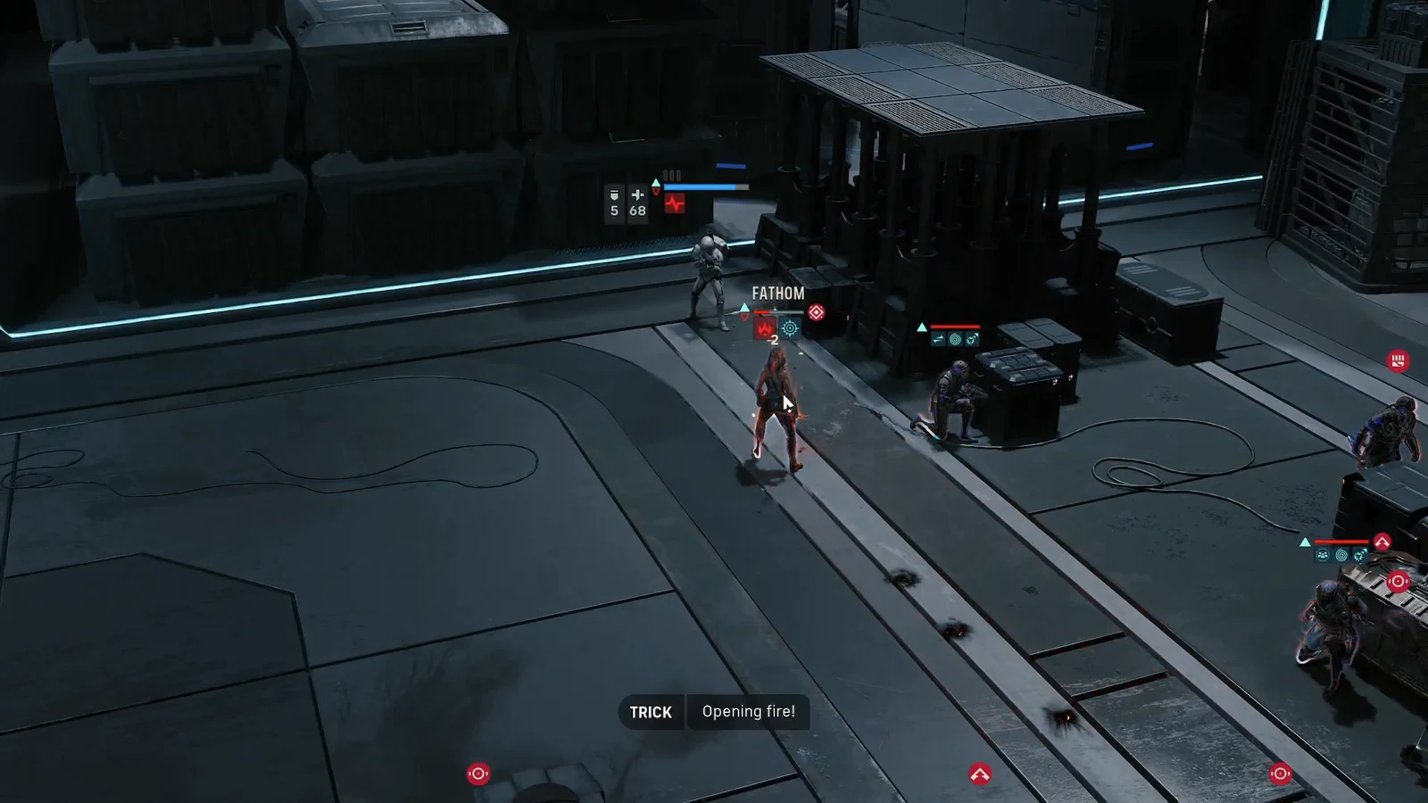 Fathom targeted in turn-based combat while the Opening fire action is selected for Trick