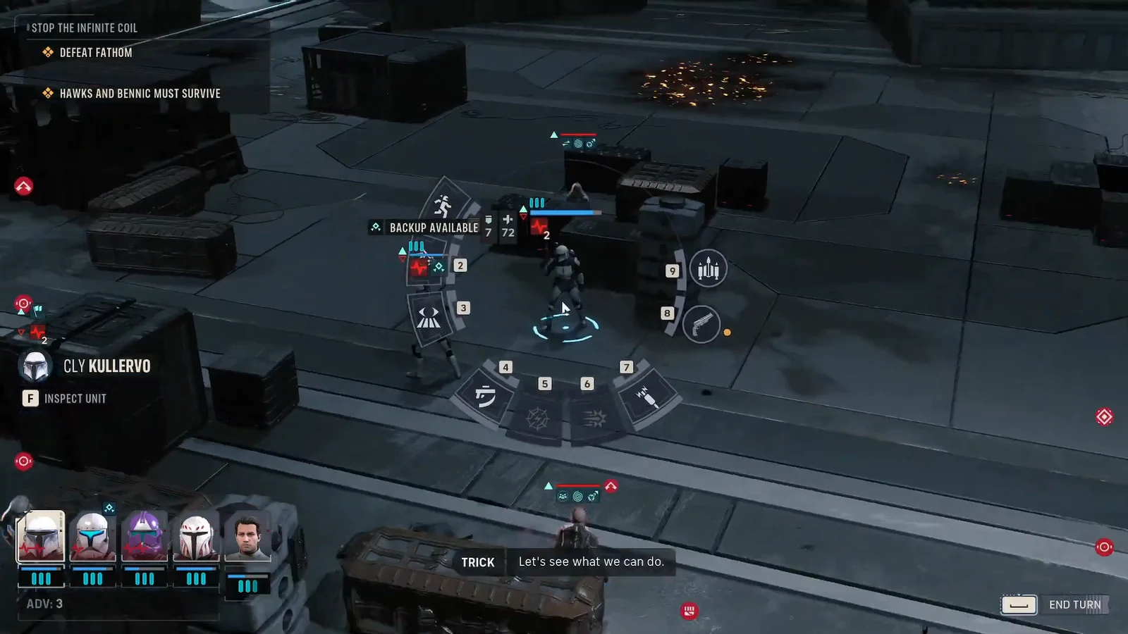 Cly Kullervo's command wheel open in combat with her available abilities listed for selection