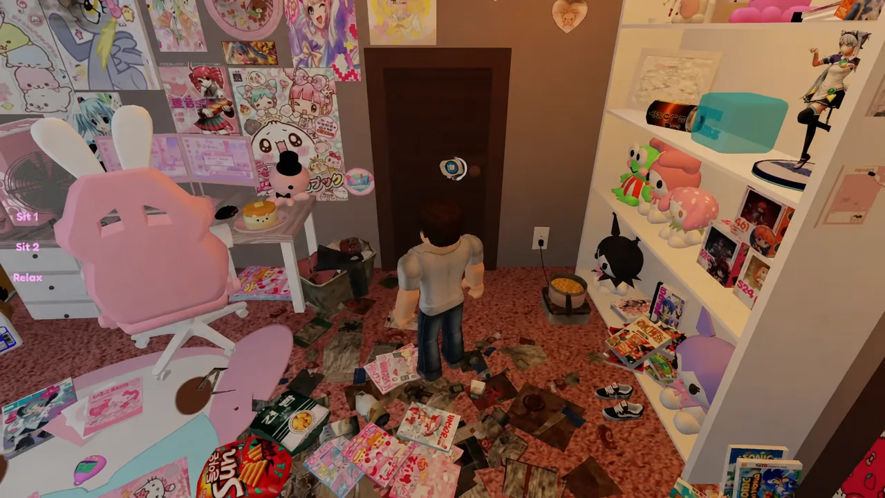Character facing the bedroom door with the Relax option highlighted in the menu