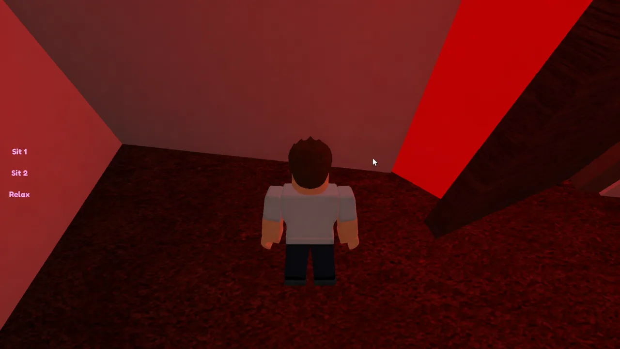 Idle character in the bedroom with the Sit 1, Sit 2, and Relax emote list on screen