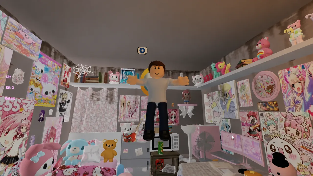 Decorated bedroom with the character centered and Sit, Sit 2, and Relax options on screen