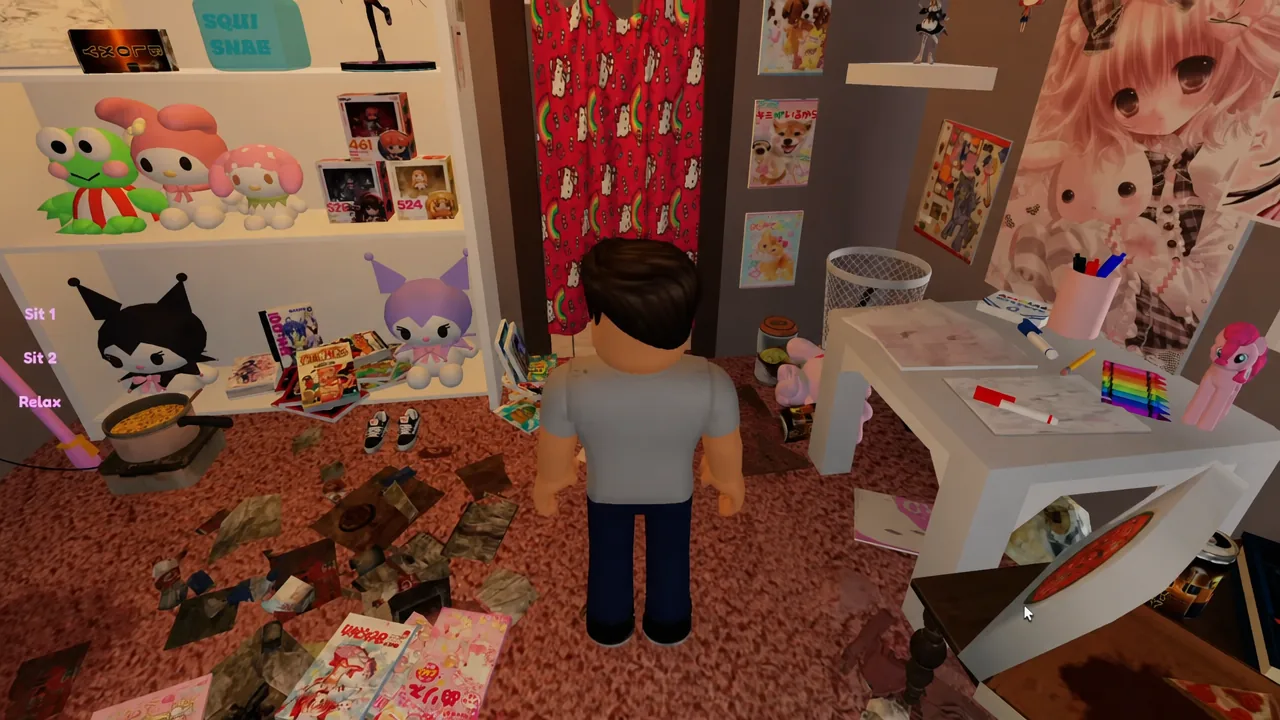 Character standing in the room with Sit 1, Sit 2, and Relax interaction options displayed