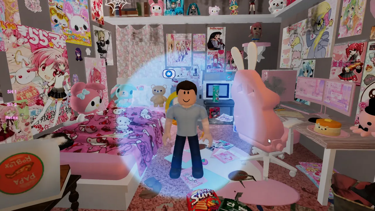 Bedroom view with the left-side interaction menu showing Sit 1, Sit 2, and Relax