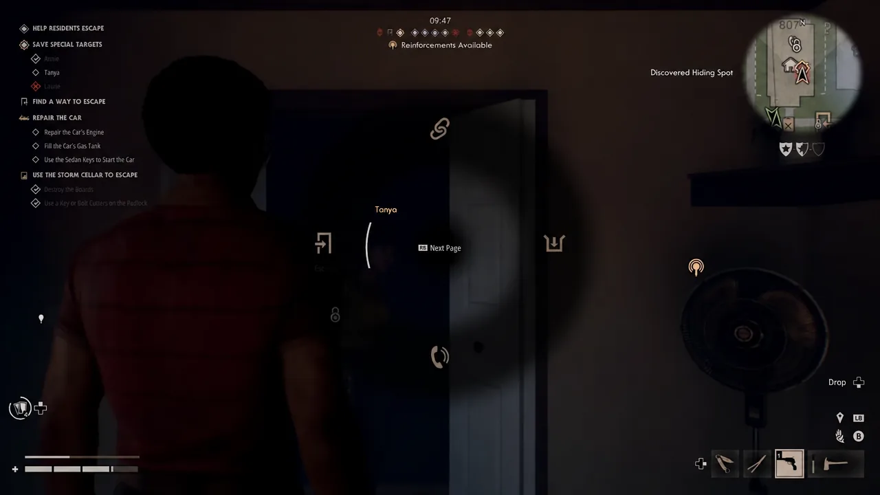 Dialogue screen with the Resident Tanya open, showing the prompt to advance to the next page of commands.