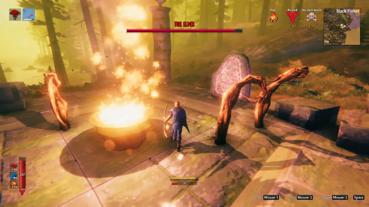 The Elder's health bar appears the moment the offering burns in the altar bowl.