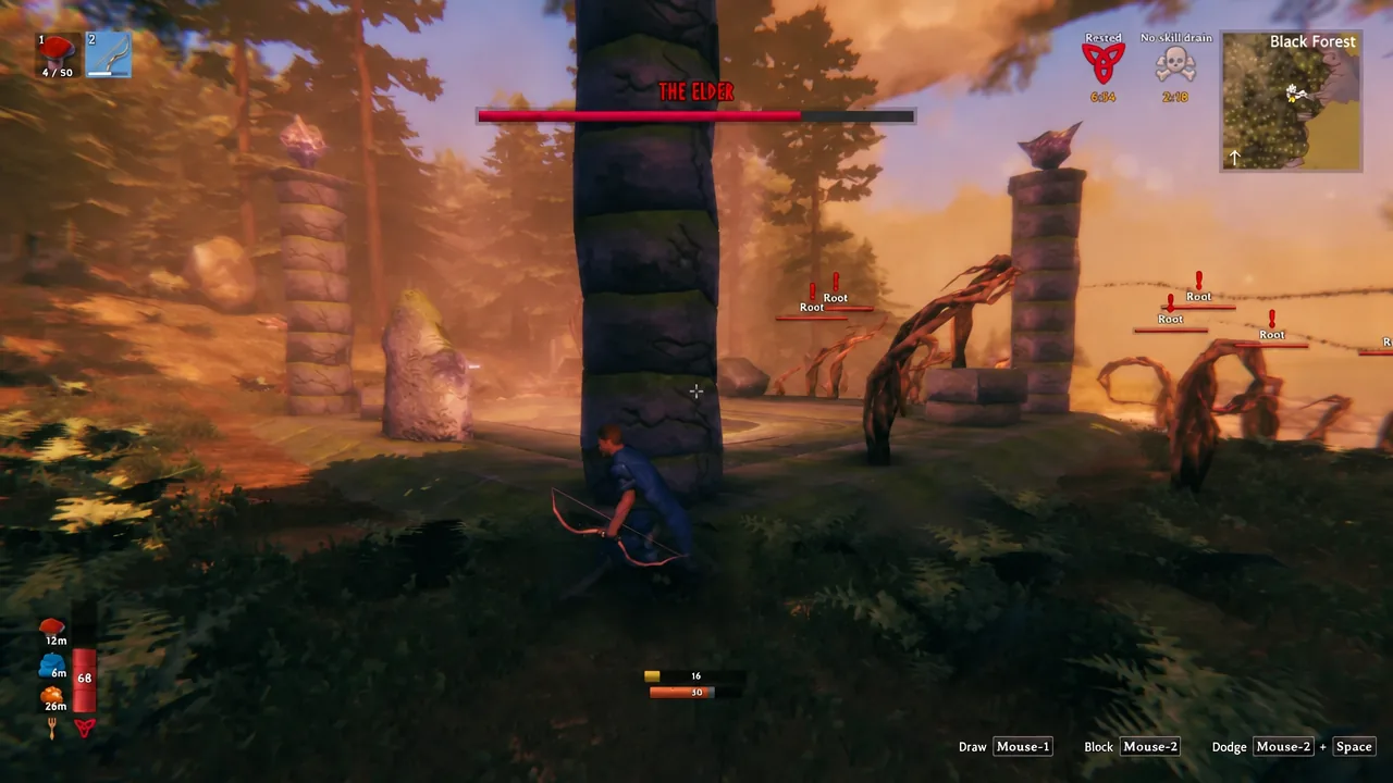 Bow drawn during The Elder fight while hostile Roots attack from the ground nearby