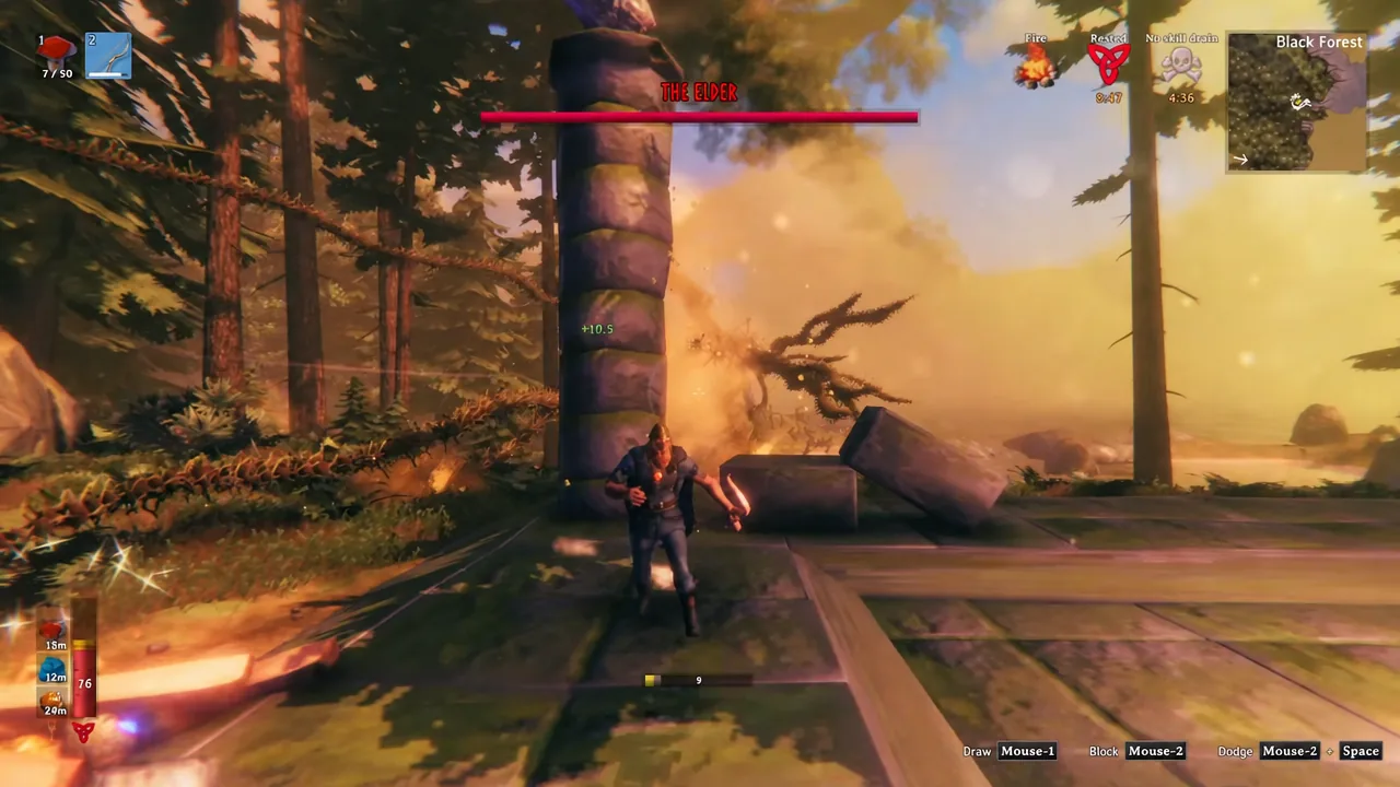 Fire damage ticks on The Elder as its health bar drains during the fight