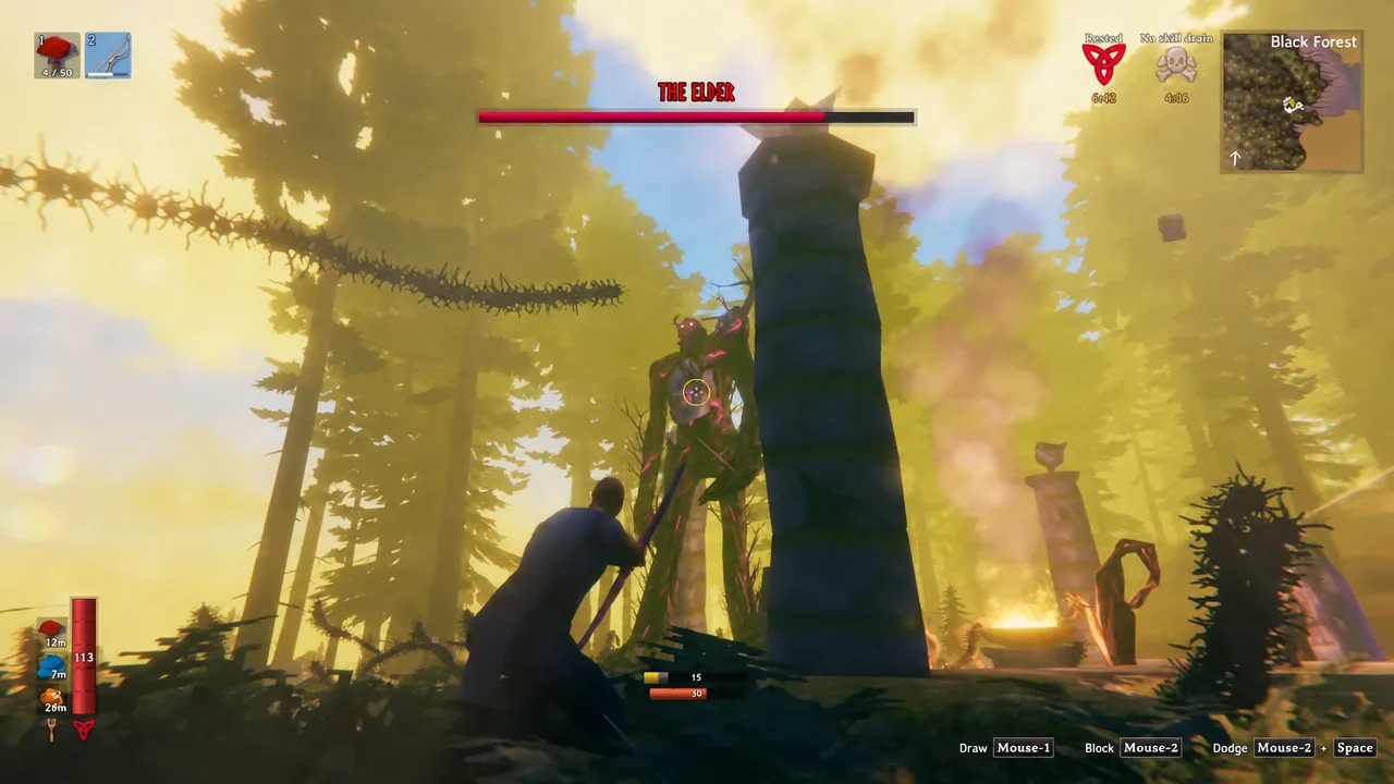 Close-range attack on The Elder with the boss highlighted and its health bar on screen