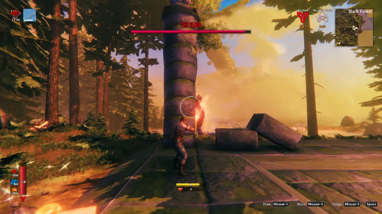 The player fires on The Elder from the altar arena with the boss health bar and control prompts on screen