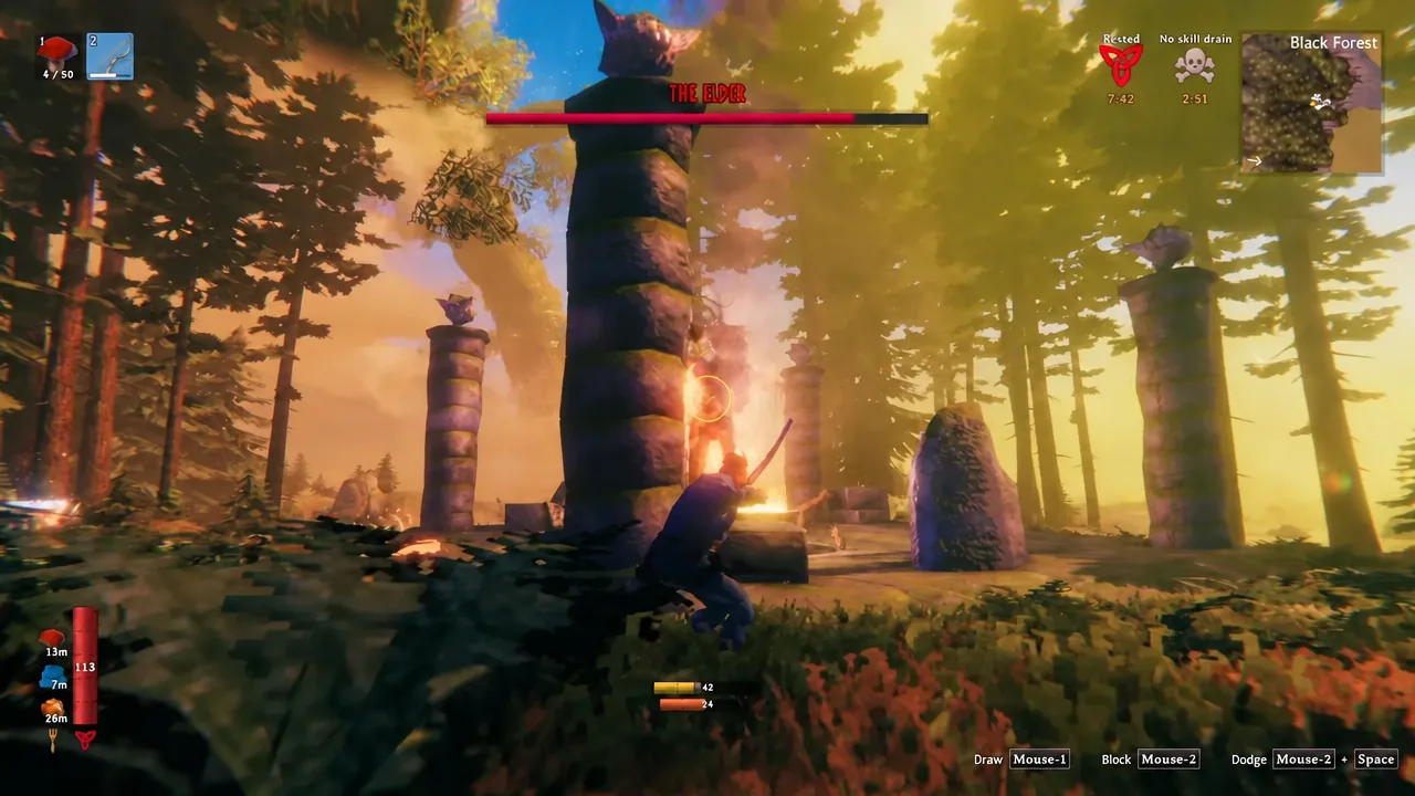 Player shooting arrows at The Elder from the forest altar with the boss health bar draining