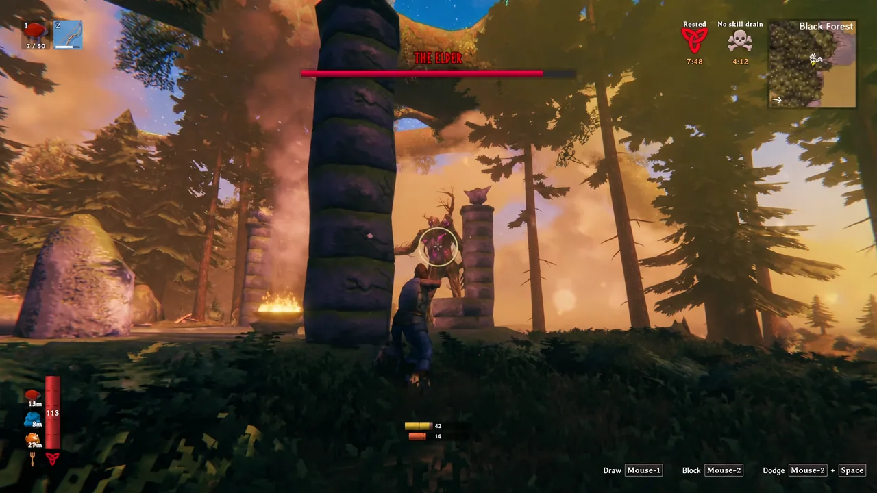 Player aims a drawn bow at The Elder while watching the stamina bar and boss health