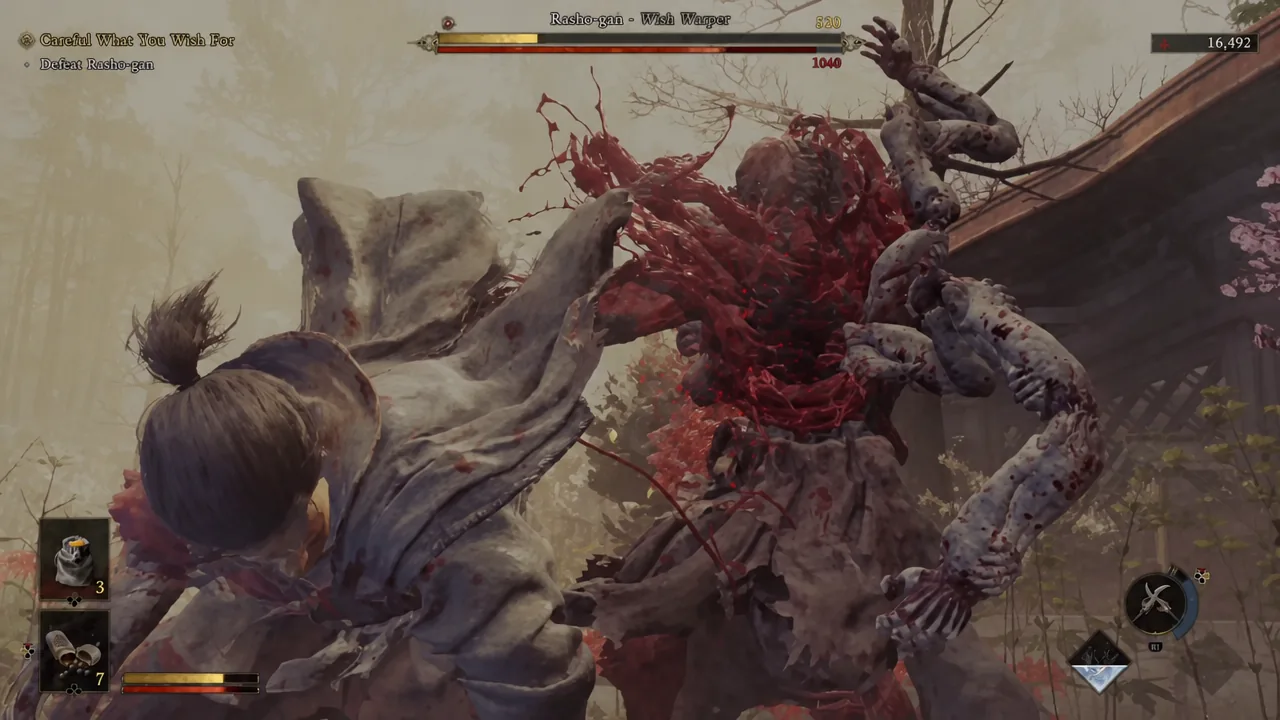 Rasho-gan's boss health bar on screen as Musashi backs away from an incoming attack