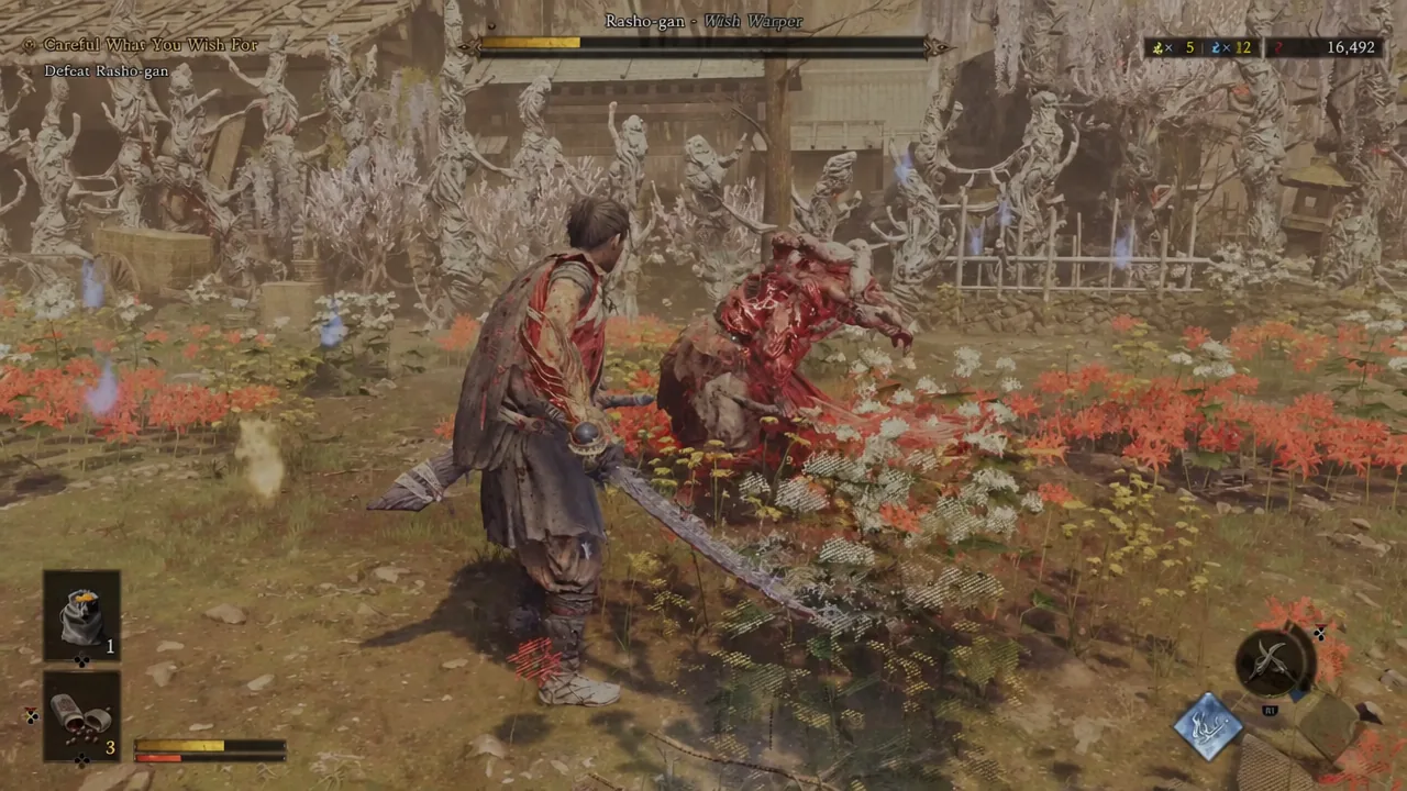 The Defeat Rasho-gan objective on screen as Musashi strikes the boss in the closing stage of the fight