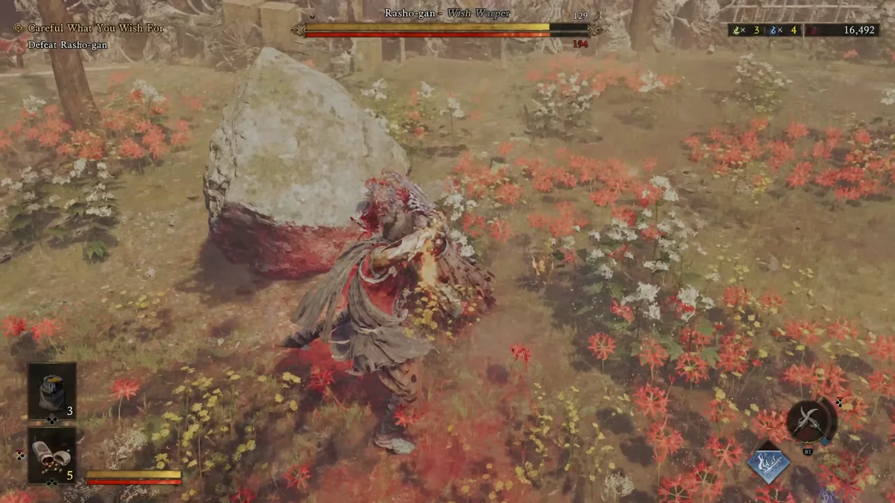 Musashi pressing an attack on Rasho-gan next to a large rock in the arena