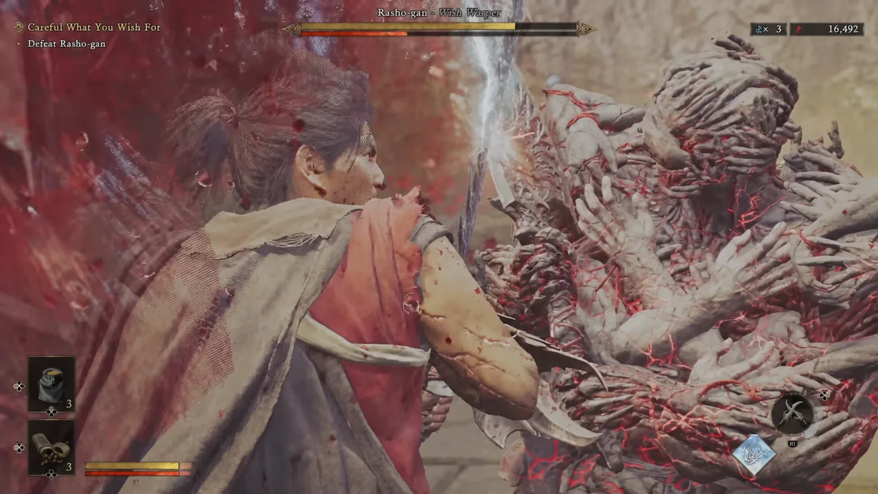 Musashi lands sword hits on Rasho-gan during the stagger window created by a full parry