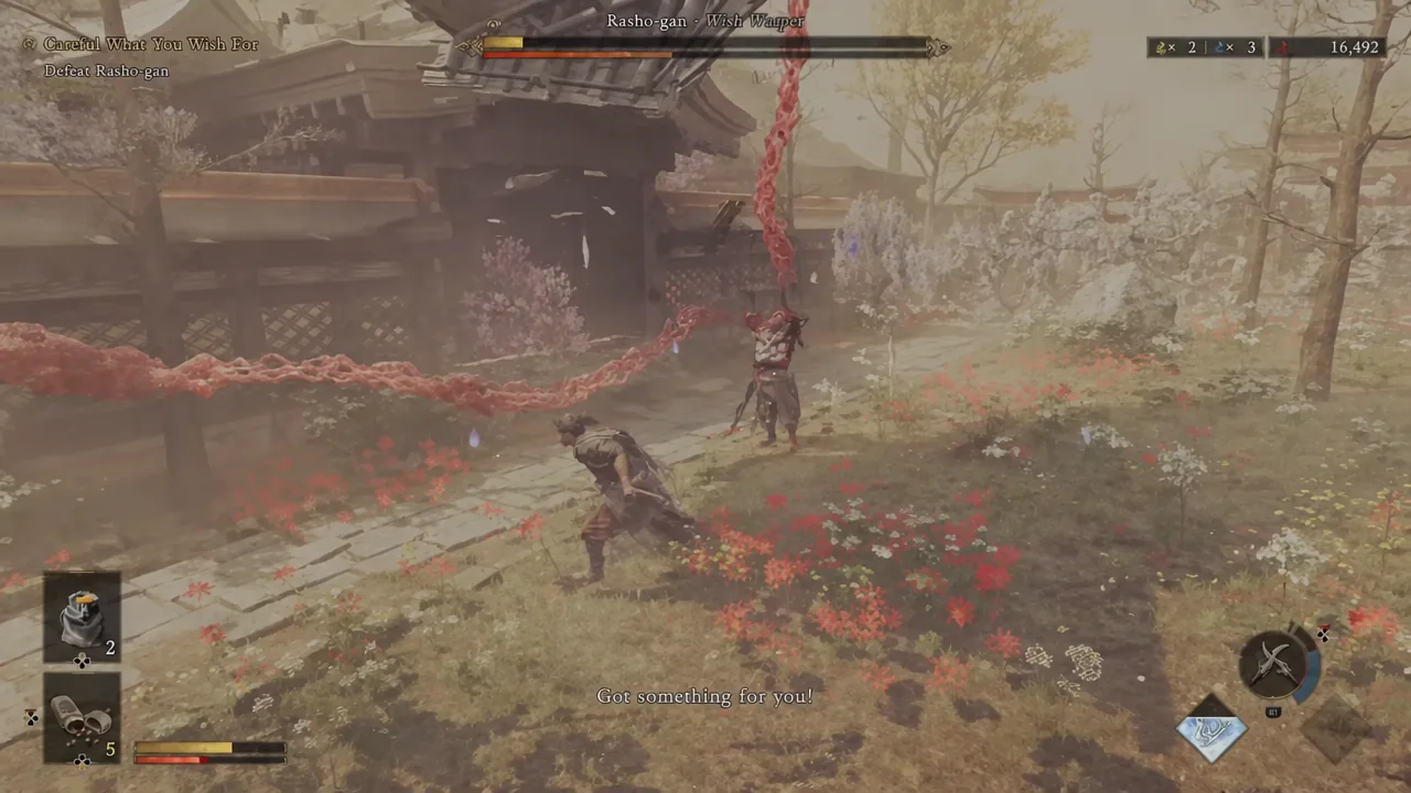 Musashi trading blows with Rasho-gan while the Careful What You Wish For objective marks the boss as the target