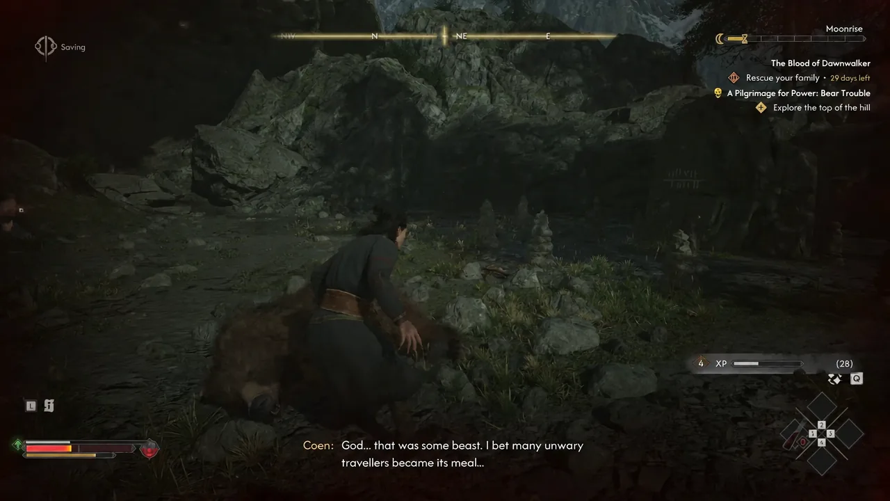 Coen crouches beside the dead bear as the quest tracker updates on screen