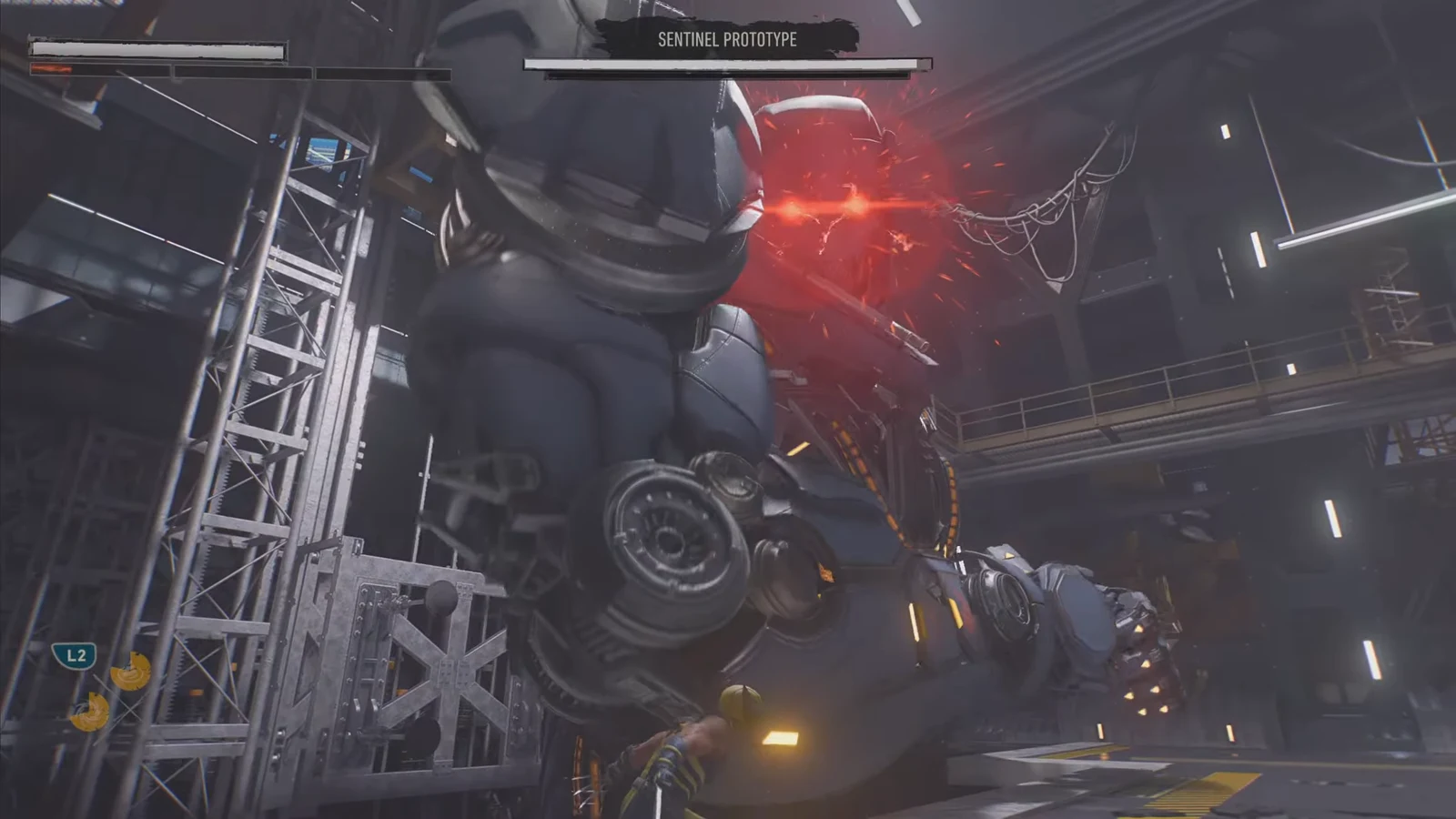 Logan slashing the Sentinel Prototype's forearm panel with the boss health bar on screen