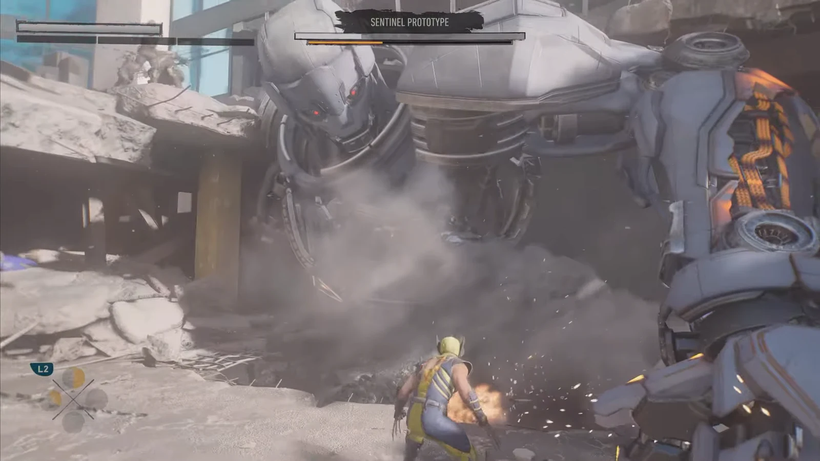 Logan attacking the Sentinel Prototype's arm panel as its health bar drains in phase two