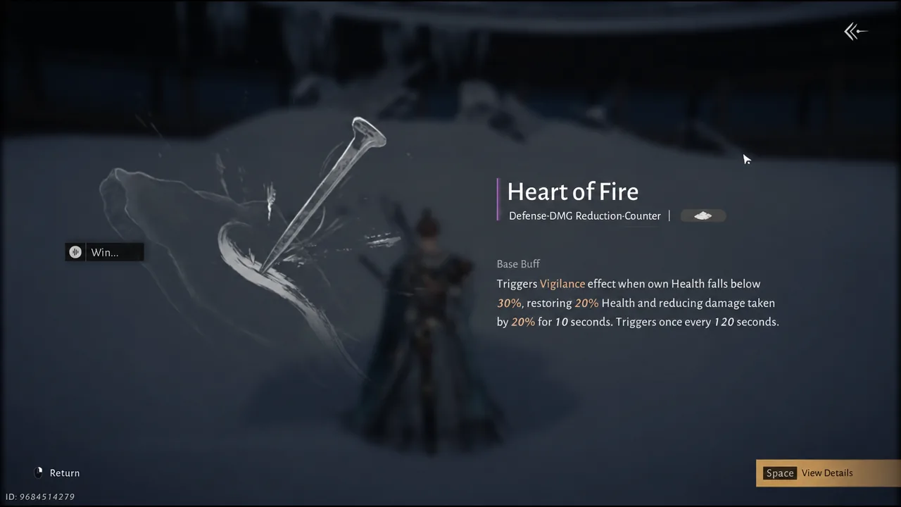 Heart of Fire selected on the details screen with its base Vigilance description and the view details prompt visible