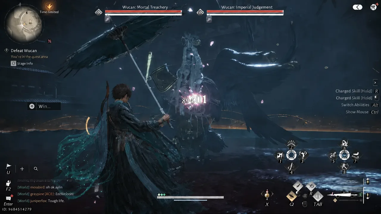 Combat screen with the Defeat Wucan objective tracked while the player strikes Wucan: Mortal Treachery