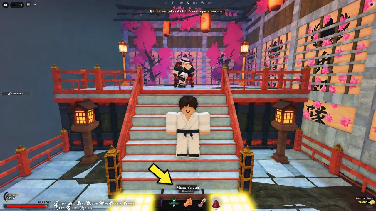 Slayer 2 screen highlighting the Muzan's Lair entrance prompt at the bottom of the display