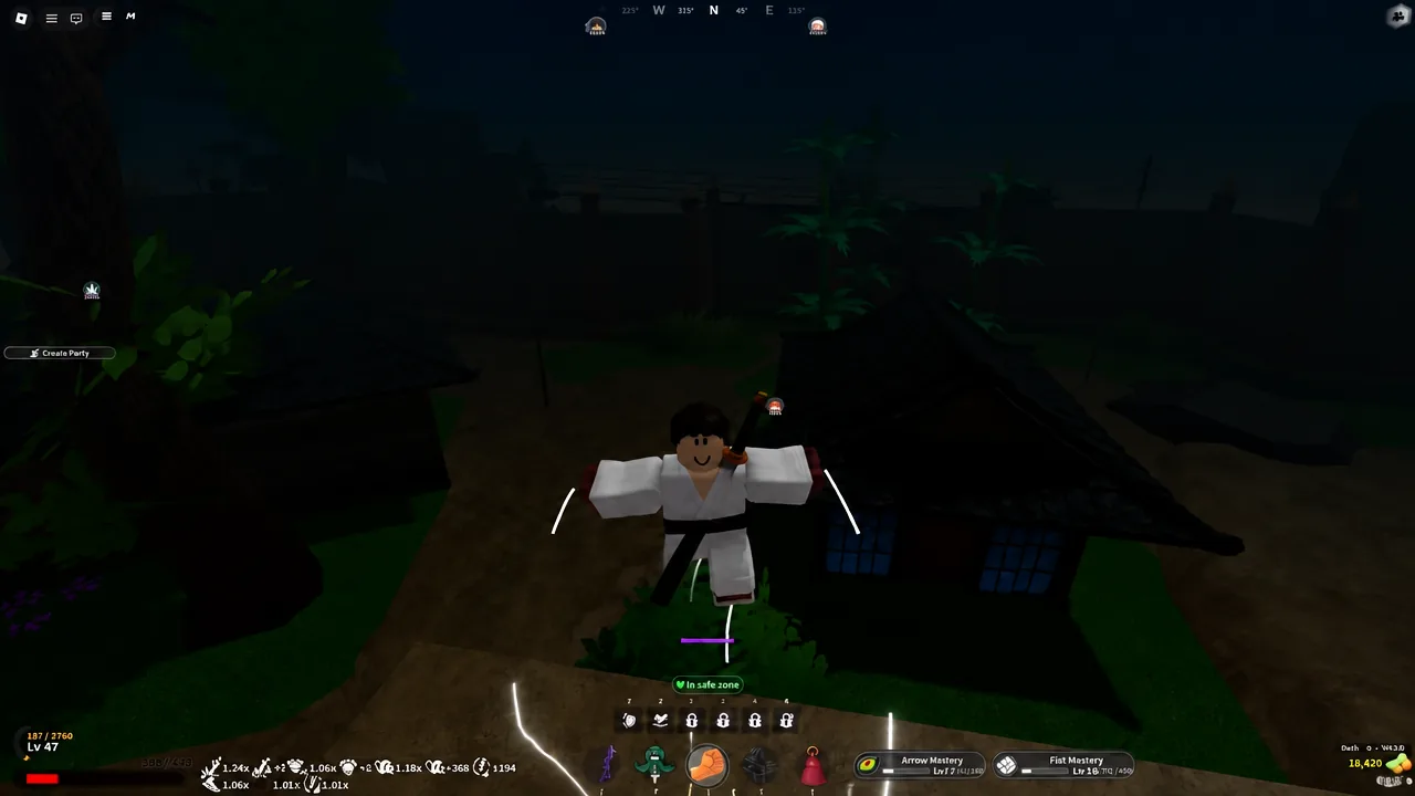 Slayer 2 gameplay view with the Create Party button visible while the player stands in a safe zone