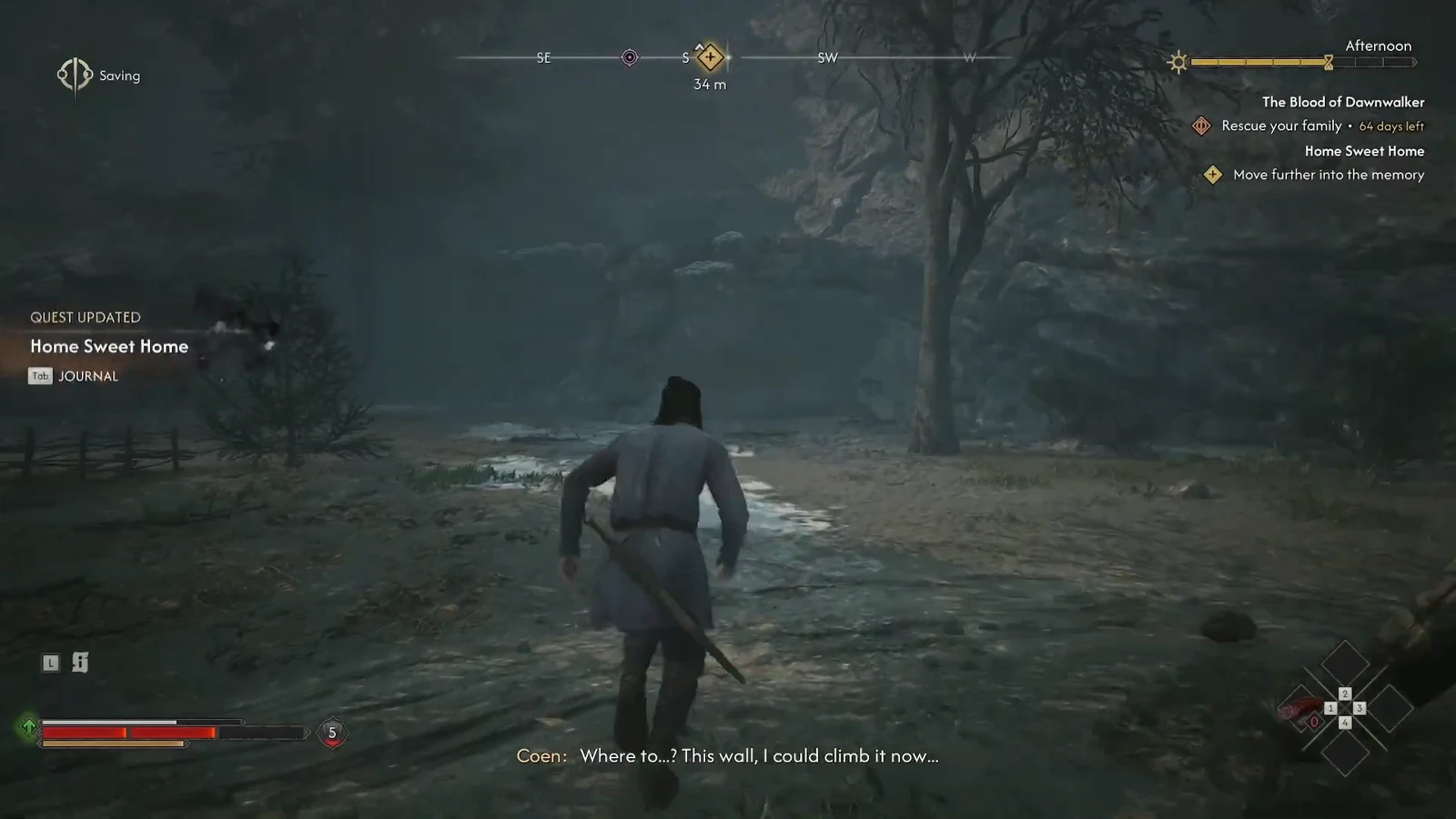 Quest tracker reading Move further into the memory as Coen heads for the cave