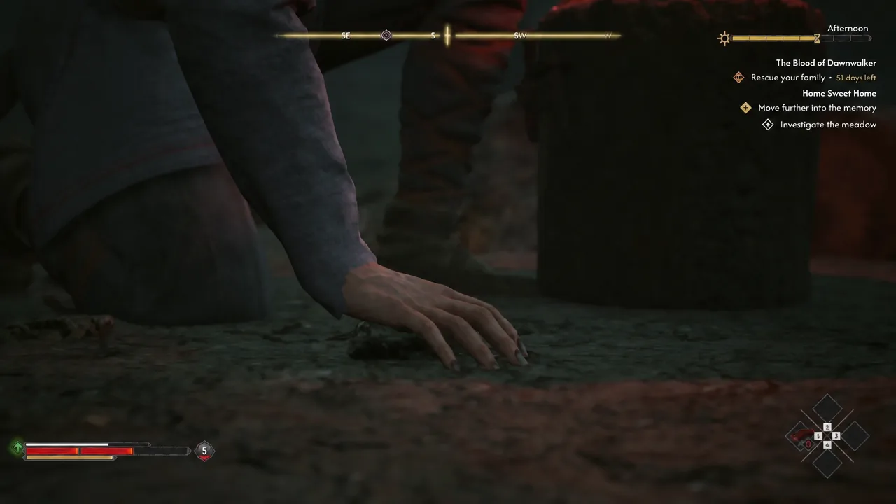 Quest tracker showing the Investigate the meadow objective while crawling through a gap