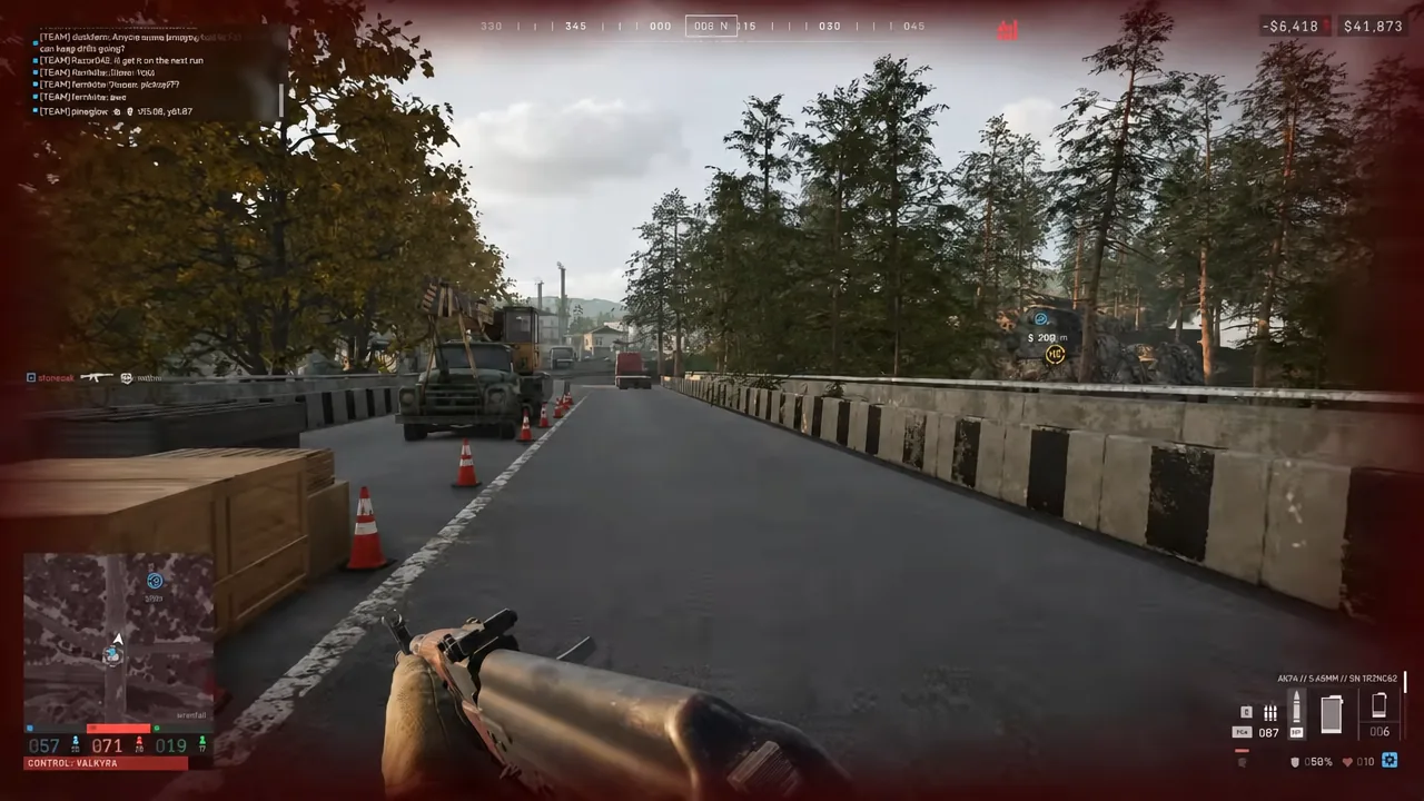 First-person view advancing along a bridge toward the S objective marker 209 meters ahead