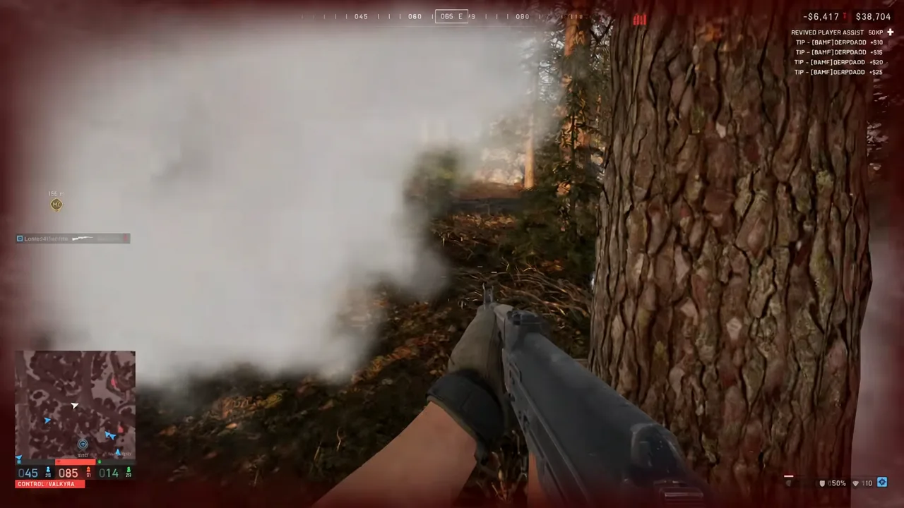 Player crouches behind a tree with a shotgun, aiming through drifting smoke on the Manticore control zone