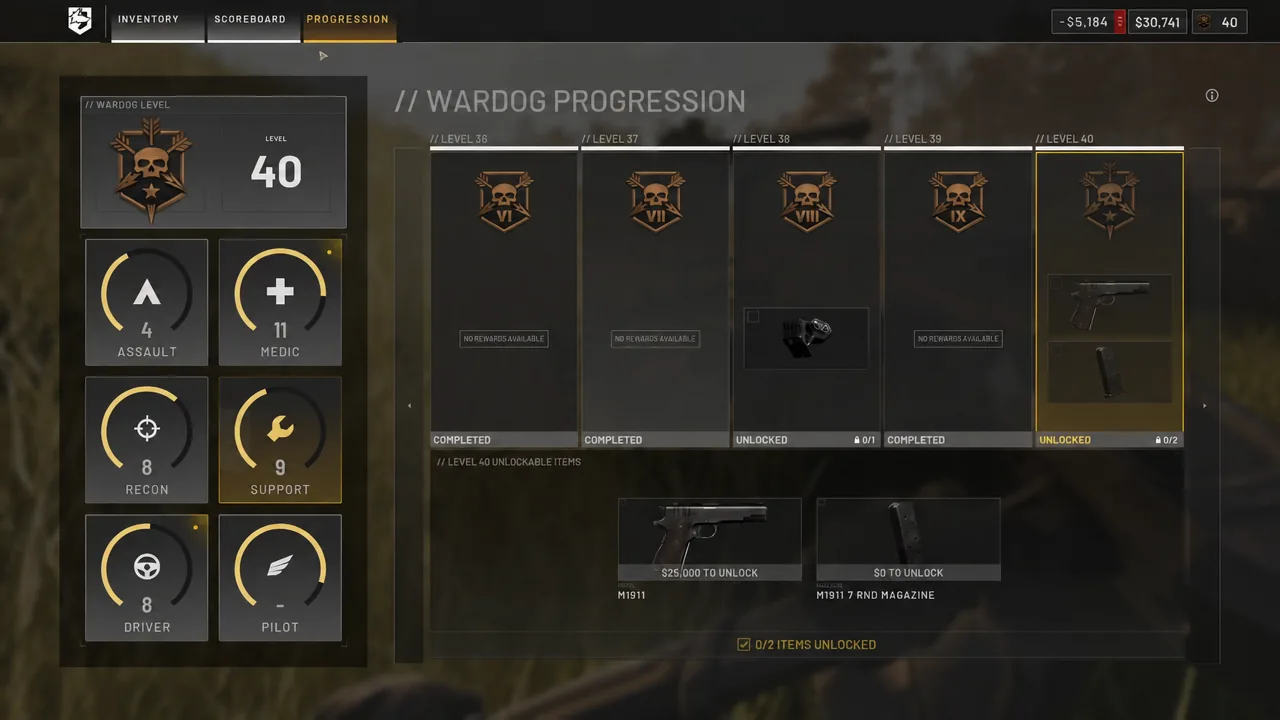 Wardog Progression screen with a role level and its unlockable rewards highlighted