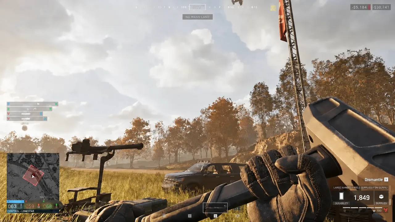 First-person view of a player holding the Large Hammer in the field