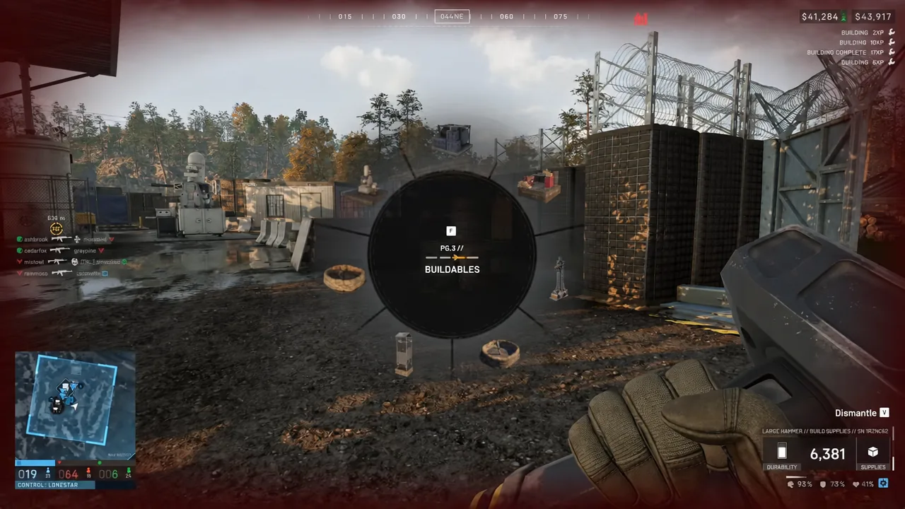 The BUILDABLES radial menu open in WARDOGS with a structure highlighted for selection