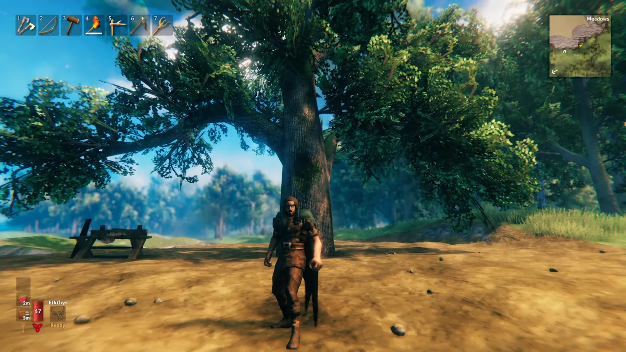 Player standing at the base of a large Oak in the Meadows with the torch slot selected on the hotbar