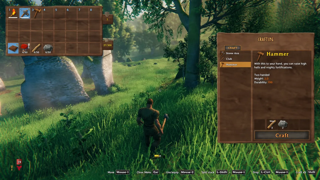 Crafting screen with the Hammer highlighted and the Craft button ready to press
