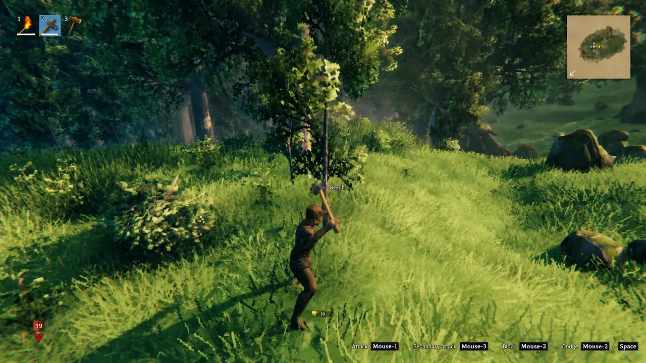 Player chopping a Beech tree in the Meadows to collect wood for the Workbench