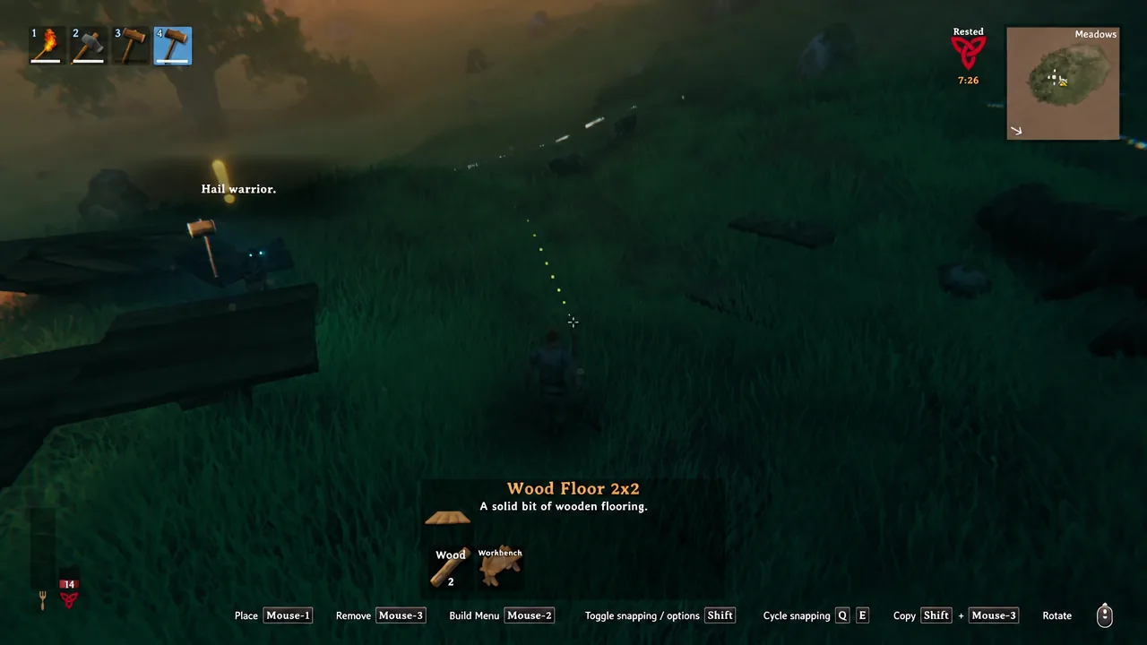 Build menu highlighting the Wood Floor 2x2 piece with its placement outline on the ground