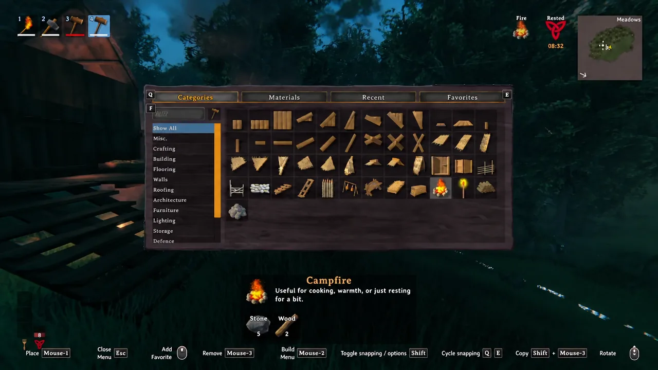 Valheim crafting menu showing the Hammer recipe with its wood and stone cost