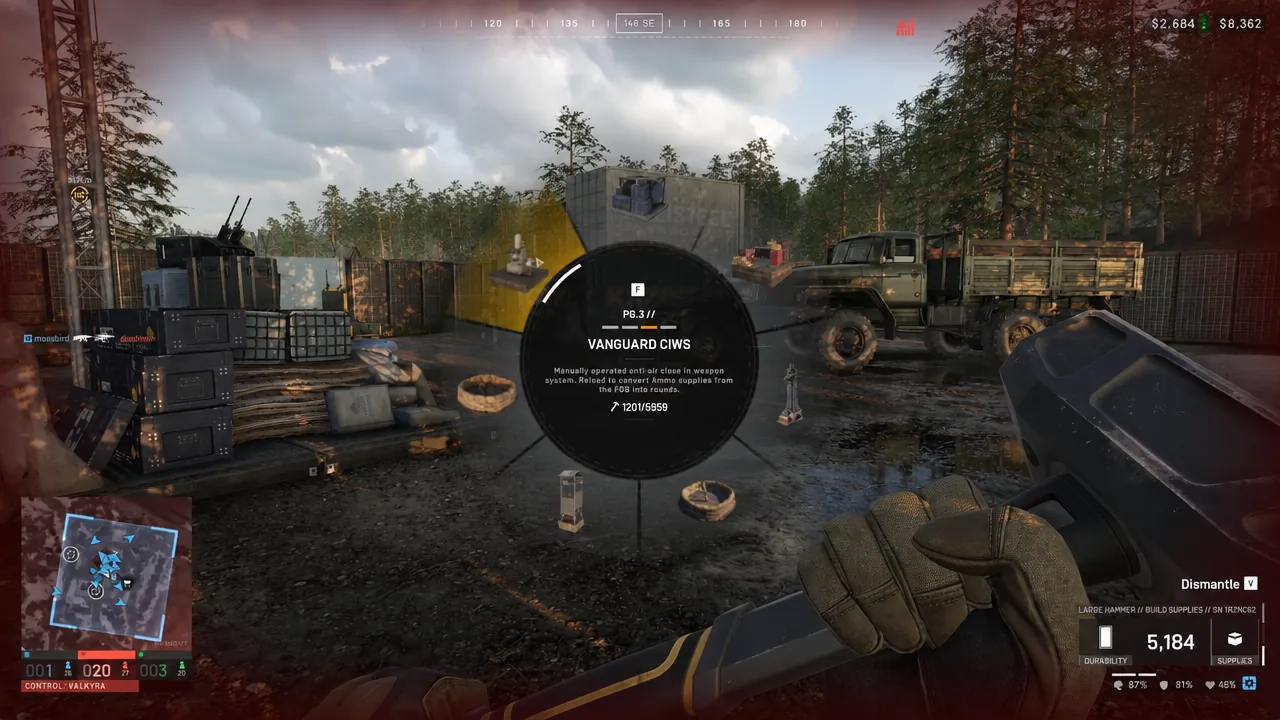 Radial build menu with Vanguard CIWS highlighted after pressing F
