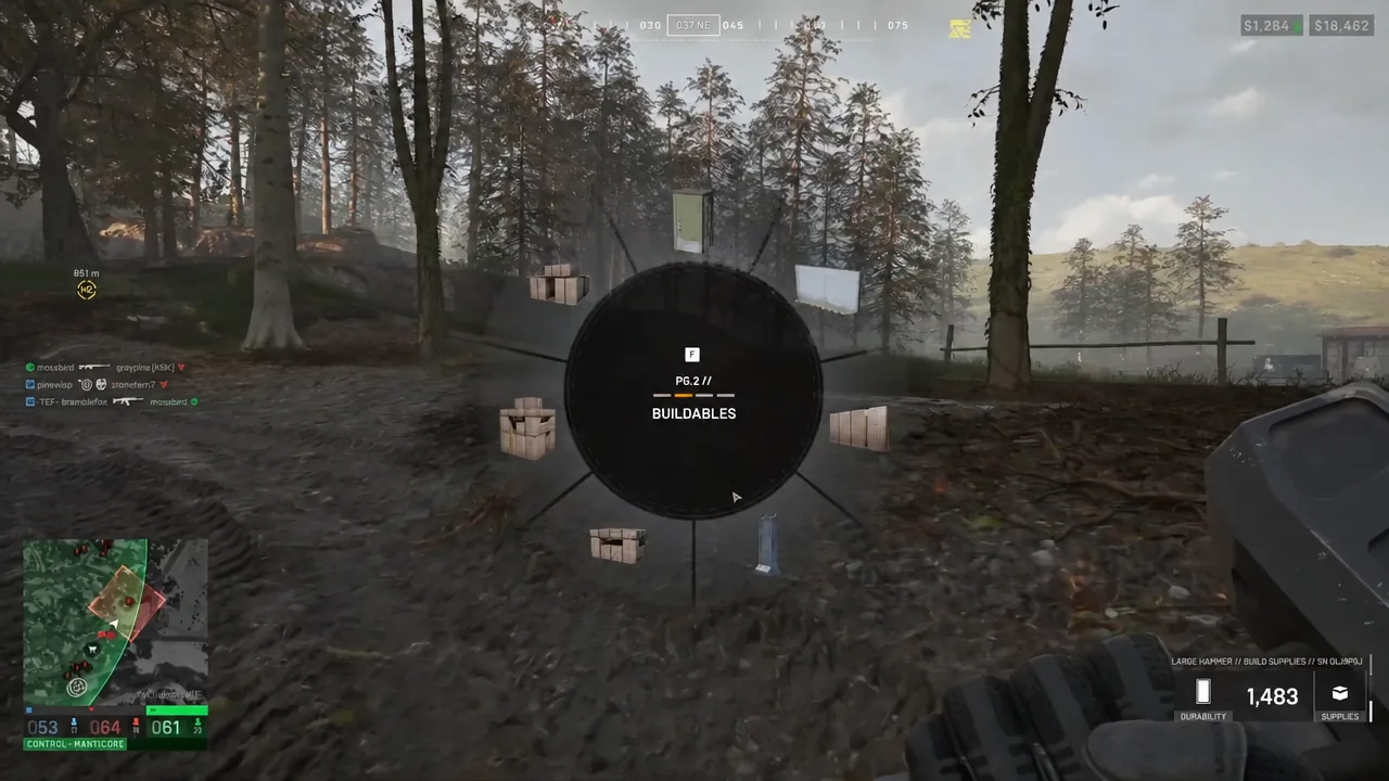 The BUILDABLES radial menu open in Wardogs with a buildable highlighted