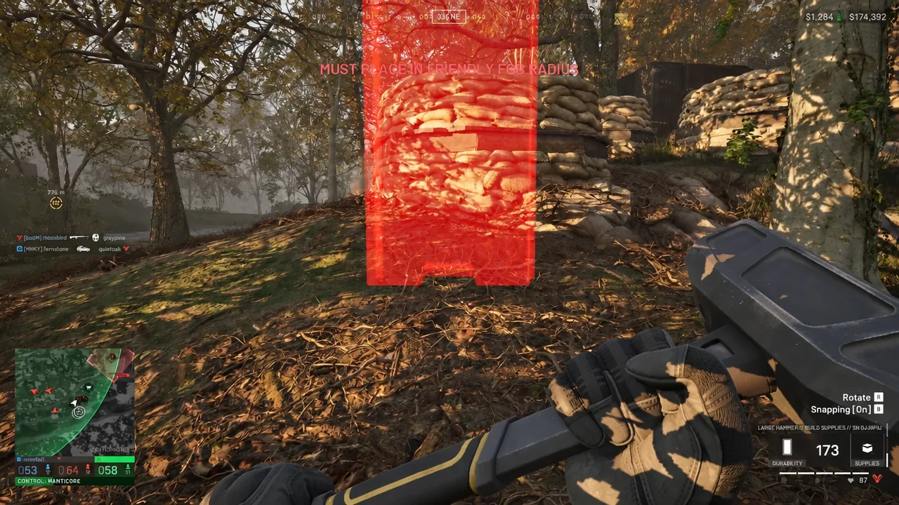 Red on-screen warning blocking a wall placement outside a friendly FOB radius